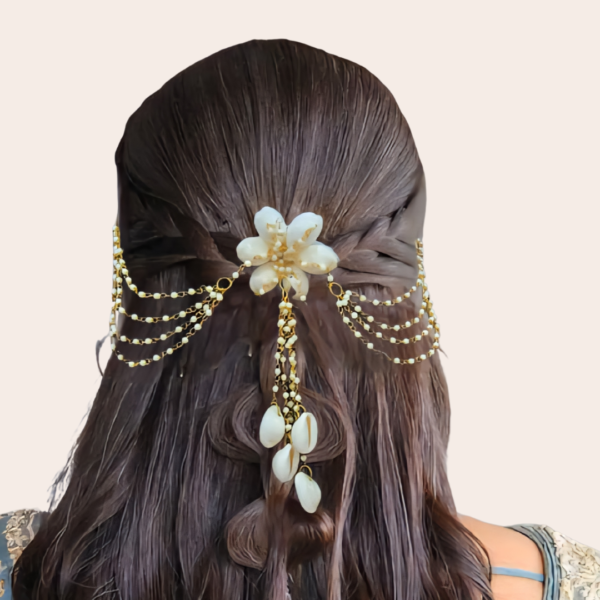 jasbaat ethnic cowrie shell & pearl drop hair chain