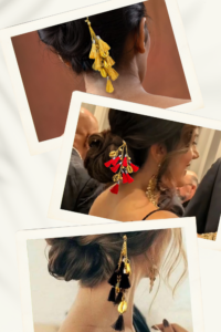 nyra hairpins combo of 3 handmade tassel hair bun accessory black, beige and red